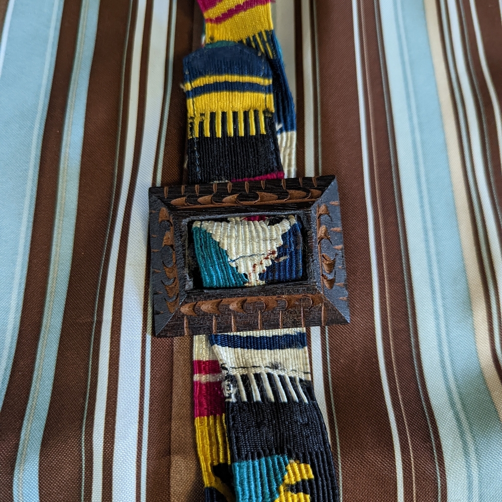 Vintage Abstract Colorful Woven Belt With Wood Carved Buckle